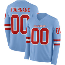 Load image into Gallery viewer, Custom Light Blue Red-White Long Sleeve Authentic Football Jersey
