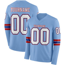 Load image into Gallery viewer, Custom Light Blue White Royal-Red Long Sleeve Authentic Football Jersey
