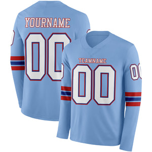 Custom Light Blue White Royal-Red Long Sleeve Authentic Football Jersey