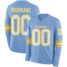 Load image into Gallery viewer, Custom Light Blue White-Yellow Long Sleeve Authentic Football Jersey

