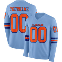 Load image into Gallery viewer, Custom Light Blue Orange-Royal Long Sleeve Authentic Football Jersey
