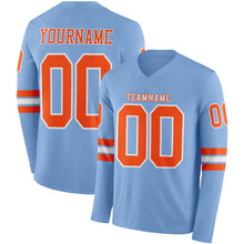 Load image into Gallery viewer, Custom Light Blue Orange-White Long Sleeve Authentic Football Jersey
