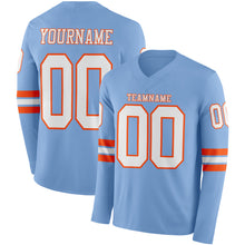 Load image into Gallery viewer, Custom Light Blue White-Orange Long Sleeve Authentic Football Jersey
