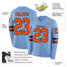 Load image into Gallery viewer, Custom Light Blue Orange-Black Long Sleeve Authentic Football Jersey
