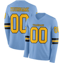 Load image into Gallery viewer, Custom Light Blue Gold-Black Long Sleeve Authentic Football Jersey
