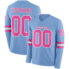 Load image into Gallery viewer, Custom Light Blue Pink-White Long Sleeve Authentic Football Jersey

