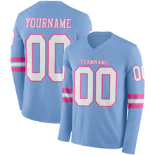 Load image into Gallery viewer, Custom Light Blue White-Pink Long Sleeve Authentic Football Jersey
