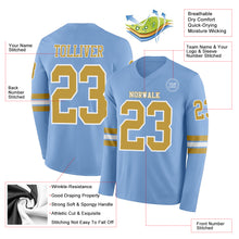 Load image into Gallery viewer, Custom Light Blue Old Gold-White Long Sleeve Authentic Football Jersey
