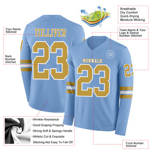 Custom Light Blue Old Gold-White Long Sleeve Authentic Football Jersey