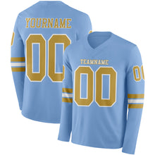 Load image into Gallery viewer, Custom Light Blue Old Gold-White Long Sleeve Authentic Football Jersey
