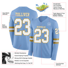 Load image into Gallery viewer, Custom Light Blue White-Old Gold Long Sleeve Authentic Football Jersey

