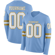 Load image into Gallery viewer, Custom Light Blue White-Old Gold Long Sleeve Authentic Football Jersey
