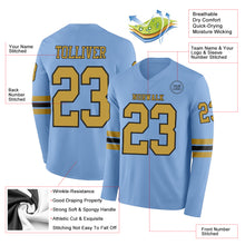 Load image into Gallery viewer, Custom Light Blue Old Gold-Black Long Sleeve Authentic Football Jersey

