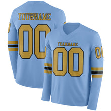 Load image into Gallery viewer, Custom Light Blue Old Gold-Black Long Sleeve Authentic Football Jersey
