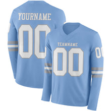 Load image into Gallery viewer, Custom Light Blue White-Gray Long Sleeve Authentic Football Jersey
