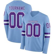 Load image into Gallery viewer, Custom Light Blue Purple-White Long Sleeve Authentic Football Jersey
