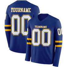 Laden Sie das Bild in den Galerie-Viewer, Custom Royal White Navy-Gold Long Sleeve Authentic Football Jersey
