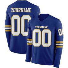 Laden Sie das Bild in den Galerie-Viewer, Custom Royal White-Old Gold Long Sleeve Authentic Football Jersey
