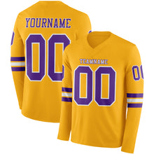 Laden Sie das Bild in den Galerie-Viewer, Custom Gold Purple-White Long Sleeve Authentic Football Jersey
