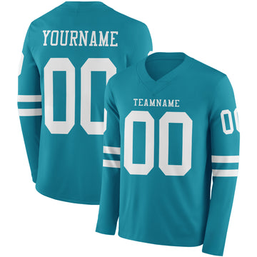 Custom Teal White Long Sleeve Authentic Football Jersey