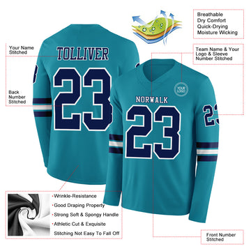 Custom Teal Navy-White Long Sleeve Authentic Football Jersey