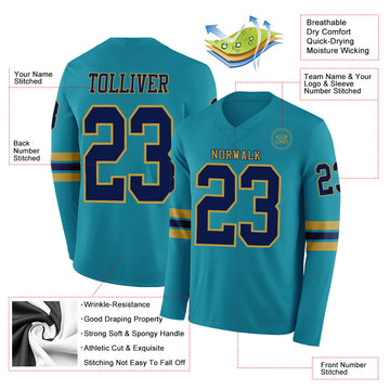 Custom Teal Navy-Old Gold Long Sleeve Authentic Football Jersey