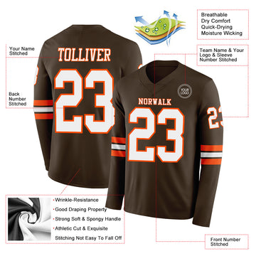 Custom Brwon White-Orange Long Sleeve Authentic Football Jersey