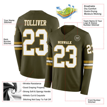 Custom Olive White-Old Gold Long Sleeve Salute To Service Authentic Football Jersey