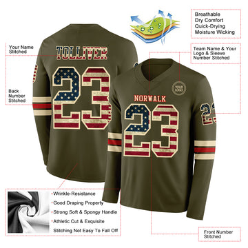 Custom Olive Vintage USA Flag Cream-Red Long Sleeve Salute To Service Authentic Football Jersey
