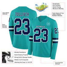 Charger l&#39;image dans la galerie, Custom Aqua Navy-White Long Sleeve Authentic Football Jersey

