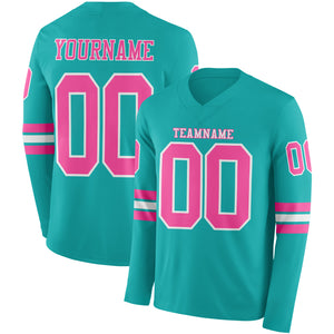 Custom Aqua Pink-White Long Sleeve Authentic Football Jersey