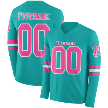 Custom Aqua Pink-White Long Sleeve Authentic Football Jersey
