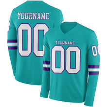 Charger l&#39;image dans la galerie, Custom Aqua White-Purple Long Sleeve Authentic Football Jersey
