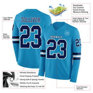 Custom Panther Blue Navy-White Long Sleeve Authentic Football Jersey