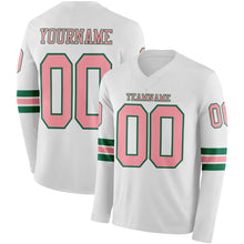 Load image into Gallery viewer, Custom White Medium Pink-Kelly Green Long Sleeve Authentic Football Jersey
