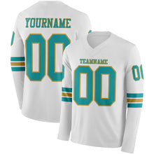 Charger l&#39;image dans la galerie, Custom White Teal-Old Gold Long Sleeve Authentic Football Jersey
