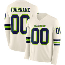 Charger l&#39;image dans la galerie, Custom Cream Navy-Neon Green Long Sleeve Authentic Football Jersey
