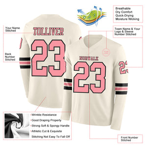Custom Cream Medium Pink-Black Long Sleeve Authentic Football Jersey