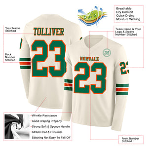 Custom Cream Kelly Green-Orange Long Sleeve Authentic Football Jersey