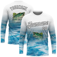 Load image into Gallery viewer, Custom White Blue-Black Fishing Bass Fish Long Sleeve Performance T-Shirt
