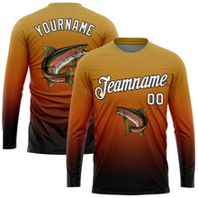 Load image into Gallery viewer, Custom Old Gold White Orange-Black Fishing Rainbow Trout Fish Gradient Long Sleeve Performance T-Shirt
