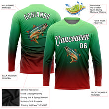 Laden Sie das Bild in den Galerie-Viewer, Custom Pea Green White Red-Black Fishing Salmon Fish Gradient Long Sleeve Performance T-Shirt
