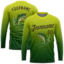 Загрузить изображение в средство просмотра галереи, Custom Neon Yellow Black-Green Fishing Bass Fish Gradient Long Sleeve Performance T-Shirt
