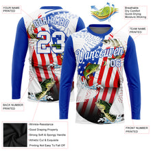 Загрузить изображение в средство просмотра галереи, Custom White Fire Red-Thunder Blue Fishing Bass Fish American Flag Long Sleeve Performance T-Shirt
