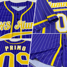 Load image into Gallery viewer, Custom Purple White Pinstripe Gold-White Authentic Baseball Jersey
