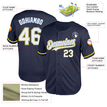 Load image into Gallery viewer, Custom Navy Light Blue-Yellow Mesh Authentic Throwback Baseball Jersey
