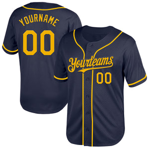 Custom Navy Gold Mesh Authentic Throwback Baseball Jersey