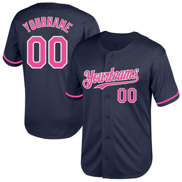 Custom Navy Pink-White Mesh Authentic Throwback Baseball Jersey