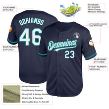 Load image into Gallery viewer, Custom Navy White-Teal Mesh Authentic Throwback Baseball Jersey
