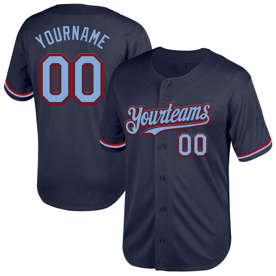 Custom Navy Light Blue-Red Mesh Authentic Throwback Baseball Jersey